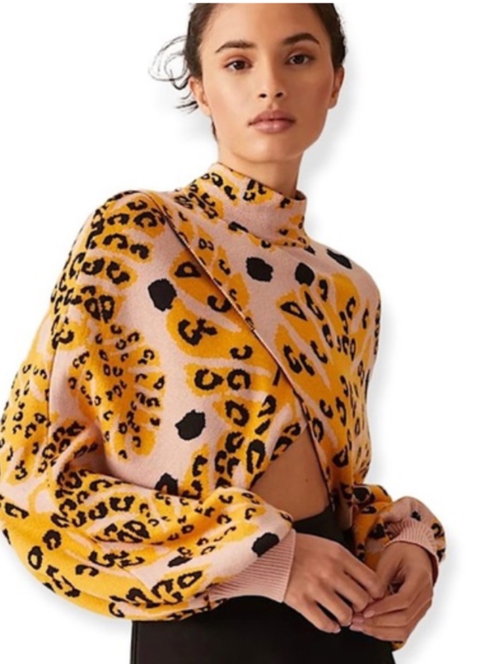 Farm Rio for Anthropologie Leopard Cutout Bolero Sweater XS Pink Yellow Statemen